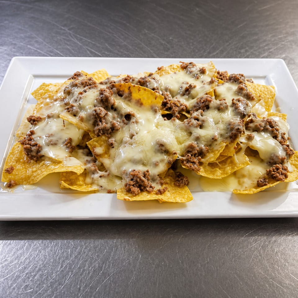 A white rectangular plate filled with golden tortilla chips, melted white cheese, and seasoned ground beef.